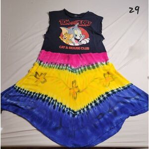 Upcycled repurposed tshirt dress Tom and Jerry bohemian tyedye swim cover women'